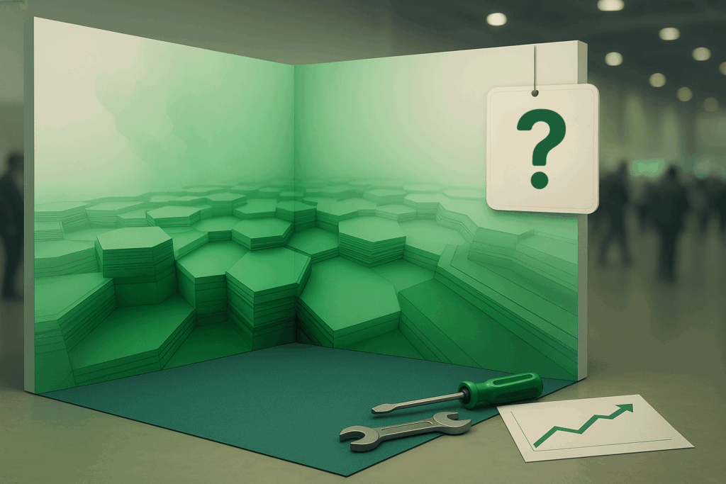 Render horizontal de un stand de feria con diseño gráfico en verde, precio por m² y herramientas de montaje sobre fondo desenfocado de pabellón ferial representando cuanto cuesta un stand